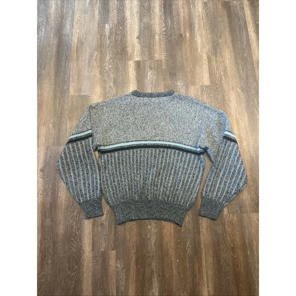 Vintage Michael Gerald Men's M Acrylic Knit Sweater Gray Black Blue Striped
